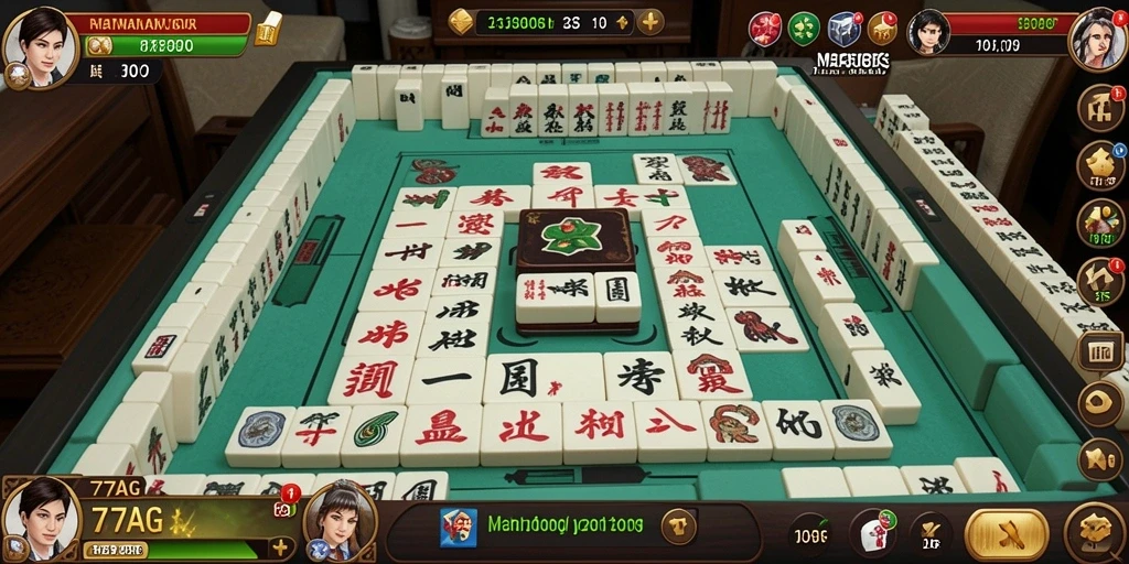 Screenshot gameplay 77AG yang menampilkan suasana permainan Mahjong yang seru.