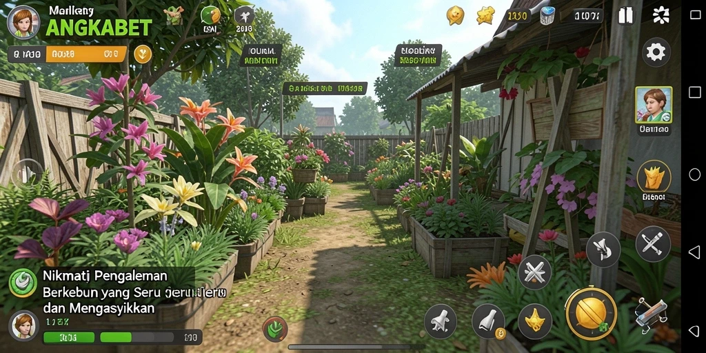 Tampilan gameplay ANGKABET yang penuh warna dengan aktivitas berkebun.