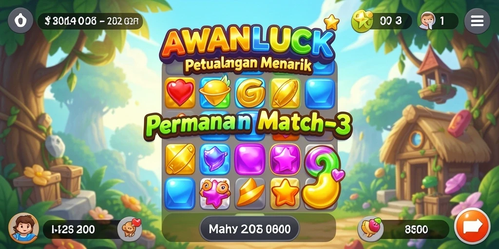 Screenshot gameplay AWANLUCK yang menunjukkan pencocokan biji-bijian warna-warni.