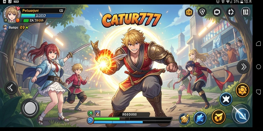 Tangkapan layar utama CATUR777 menampilkan pertarungan karakter anime yang seru.