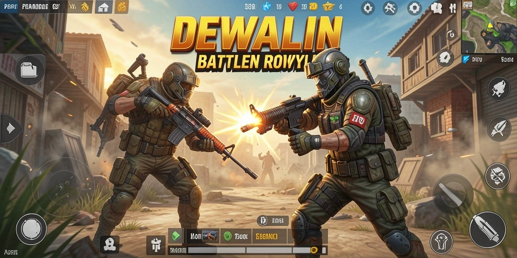 Tangkapan layar DEWALIN menampilkan gameplay Battle Royale yang seru dan intens.