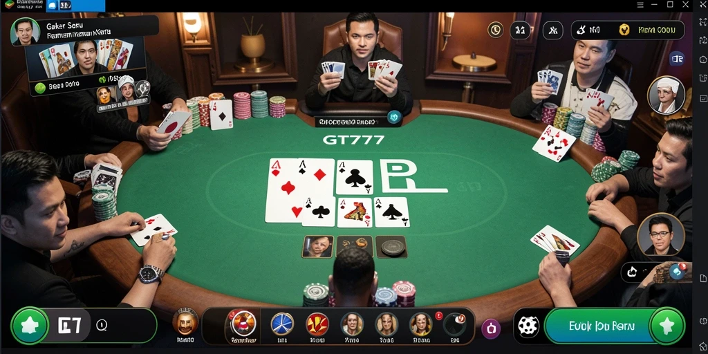 Tampilan utama gameplay GT777 memperlihatkan momen intens di meja poker.