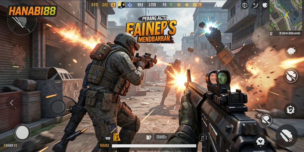 Screenshot gameplay utama HANABI88 dengan aksi tembak-menembak yang intens.