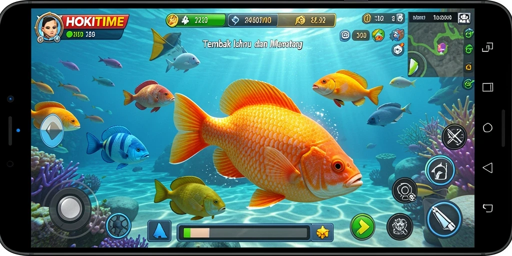 Tampilan gameplay seru HOKITIME saat menangkap ikan.