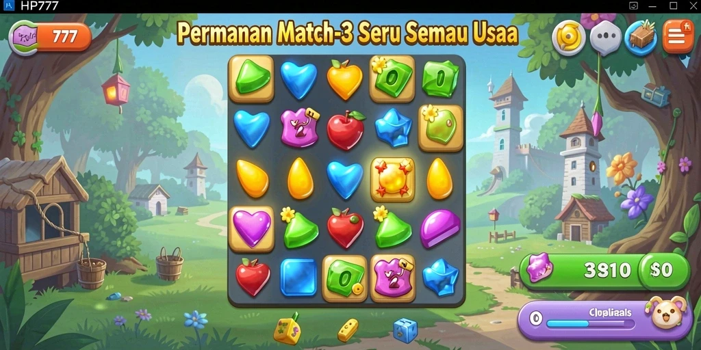 Tampilan gameplay menarik di HP777 dengan berbagai permata berwarna.