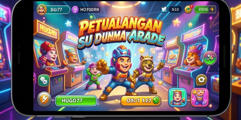 Tangkapan layar gameplay HUGO77 dengan karakter melawan rintangan seru.