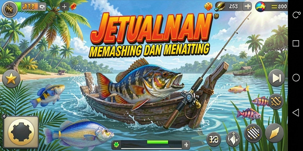 Gameplay JKT8 menampilkan pengalaman memancing yang seru dan menakjubkan.