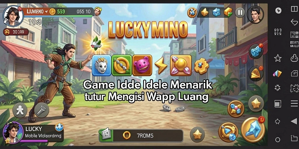 Screenshot gameplay <strong>LUCKYMINO</strong> menunjukkan aksi karakter dalam mode Idle yang menarik.