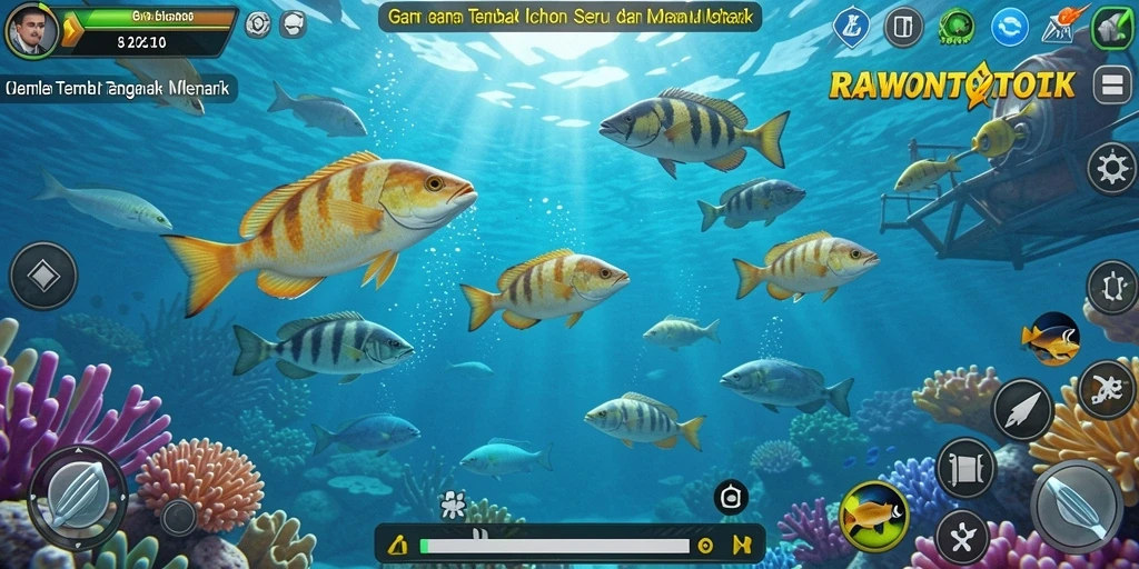 Screenshot gameplay RAWONTOTO yang menampilkan aksi menembak ikan.