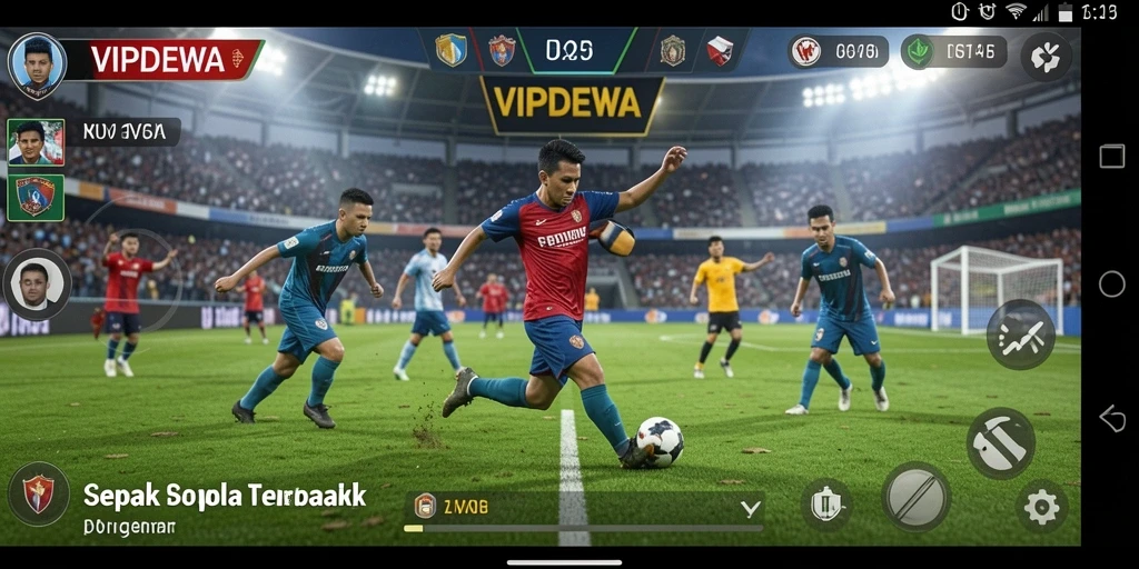 Screenshot menampilkan aksi seru pertandingan sepak bola dalam VIPDEWA.