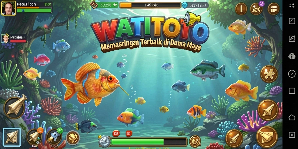 Screenshot gameplay WATITOTO yang menunjukkan aktivitas memancing yang seru.
